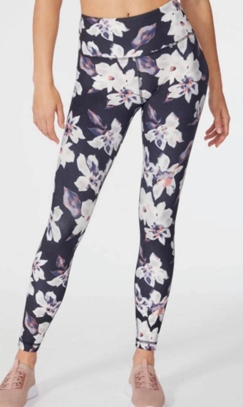 Zobha Women's Black w/ Floral Printed Athletic High Waist Leggings | Size M